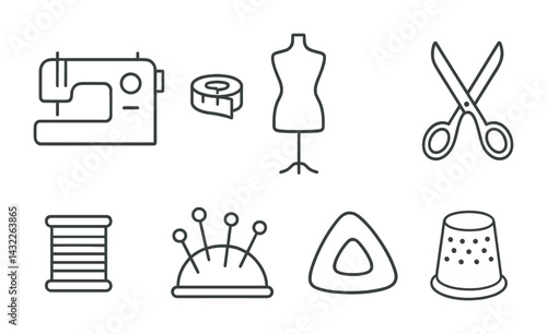 Sewing and tailoring linear icons set – outline style haberdashery, crafting, and diy design symbols for fashion projects: sewing machine, mannequin, scissors, thread, pincushion, thimble.