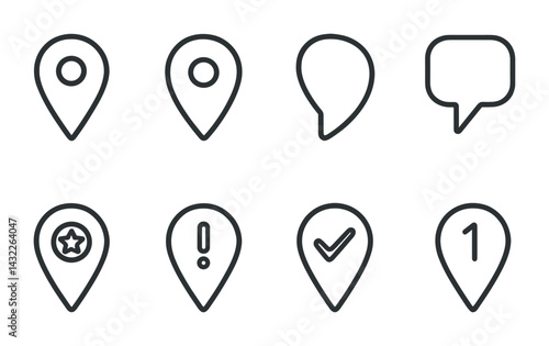 Location and navigation icons set – outline style map, gps, and direction symbols for digital design: map pin, chat bubble, location star, checkmark, numbered pin.