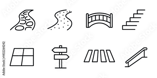 Outdoor and landscape linear icons set – outline style garden, nature, and park symbols for landscaping design: pathway, trail, bridge, stairs, tiles, signpost, crosswalk, railing.