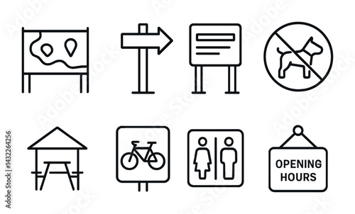 Public signage outline icon set – line style for direction, information, and navigation: map, arrow, rules, no pets, picnic, bicycle, restroom, opening hours.