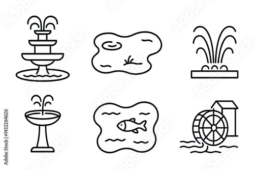 Garden and water feature outline icons set – linear style for landscaping, decoration, and nature: fountain, pond, waterwheel, fishpond, birdbath, sprinkler system