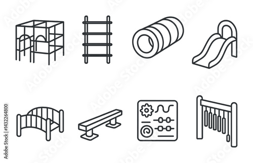 Children's playground outline icon set – linear play equipment, outdoor fun, and park elements for kids' area design: jungle gym, ladder, slide, bridge, tunnel, balance beam, musical bars
