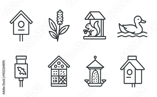 Backyard birdwatching outline icons set – linear style nature, wildlife, and garden symbols for eco-friendly design: birdhouse, plant, squirrel feeder, duck, bat box