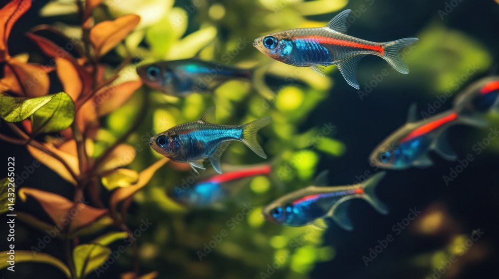Fototapeta premium Captivating school of neon tetra fish swimming gracefully in a lush planted aquarium