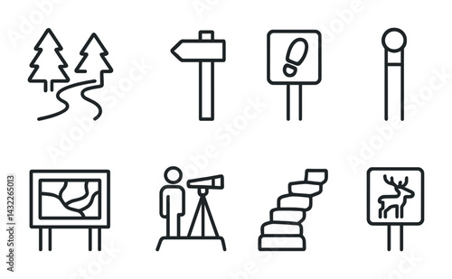 Hiking and outdoor adventure icons set – linear style trekking, nature, and navigation symbols for outdoor activities: trail, signpost, footprint, hiking pole, telescope, stairs, wildlife.
