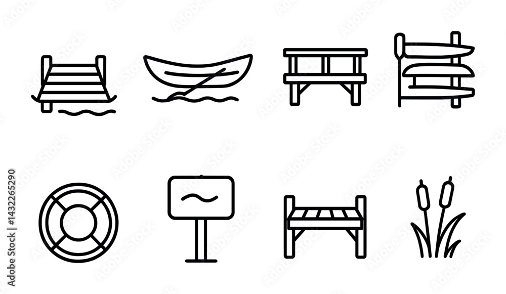 Lake and boating outline icons set – linear style recreation, water sports, and outdoor symbols for nature activities: dock, boat, bench, canoe, life buoy, sign, walkway, reed Lake and boating outline icons set – linear style recreation, water sports, and outdoor symbols for nature activities: dock, boat, bench, canoe, life buoy, sign, walkway, reed
