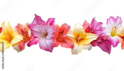 Vibrant pink, orange, and yellow gladiolus flowers arranged in a horizontal row against a white background. Close up view showcasing the intricate details and color variations of the blossoms.