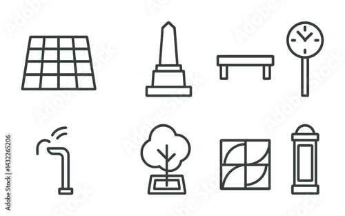 Urban landscape design outline icon set - linear cityscape, park, and street elements for urban planning: bench, clock, monument, fountain, pavement, tree, street light