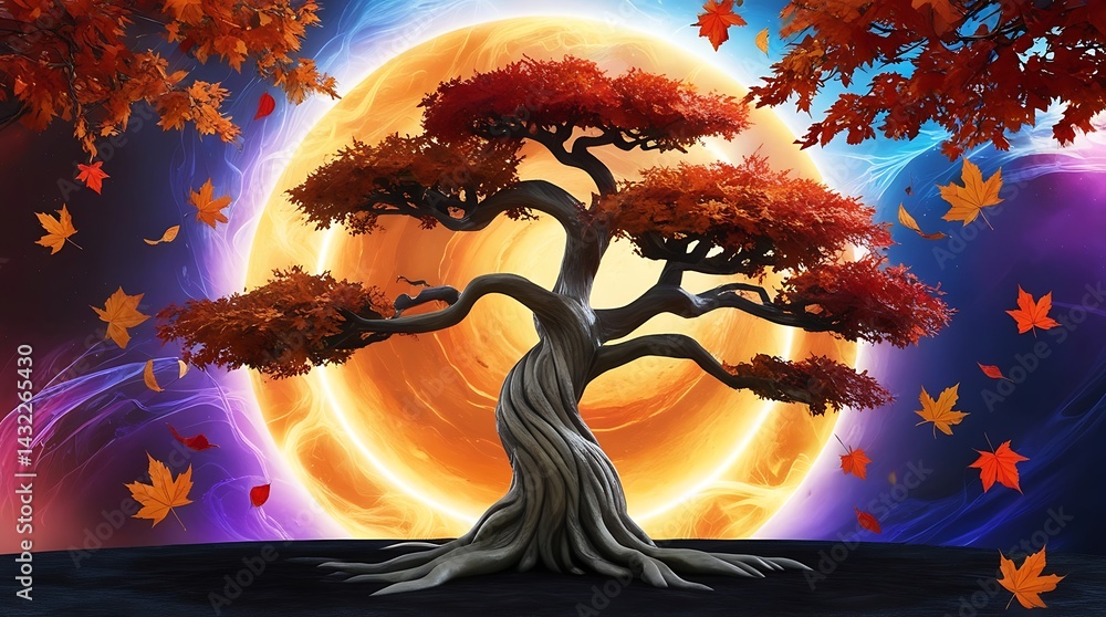 Obraz premium Surreal fantasy tree with twisted trunk and autumn leaves, glowing celestial ring in background, symbolizing magic, transformation, and the cycle of life in a dreamlike world