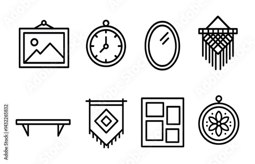 Home decor linear icons set – outline style for interior design, decoration, and style ideas: picture frame, clock, mirror, macrame, shelf, wall art, photo collage, flower art.