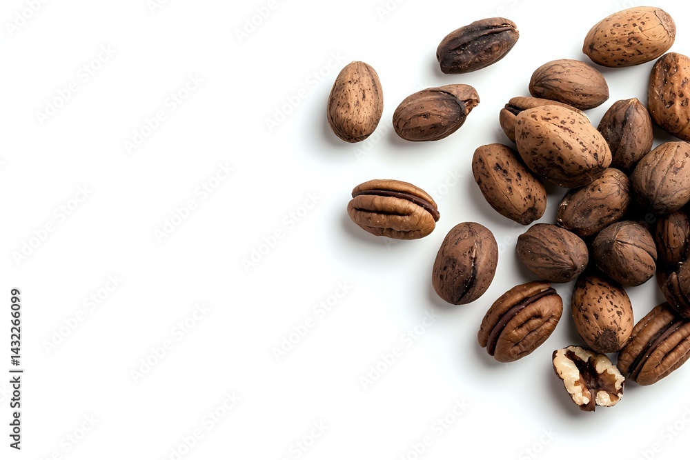 Fresh whole and cracked pecan nuts scattered on white background with copy space, isolated organic nuts for healthy snacking and baking. Fresh whole and cracked pecan nuts scattered on white background with copy space, isolated organic nuts for healthy snacking and baking.
