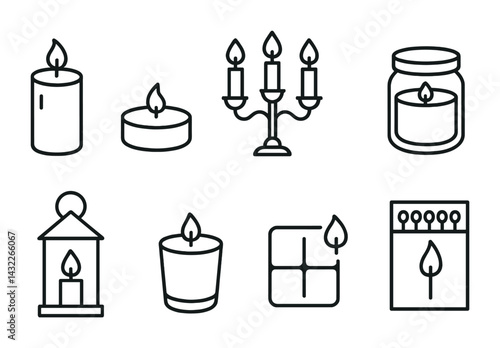 Candle icons set – outline style decorative and aromatic symbols for home decor: pillar candle, tealight, candelabra, jar candle, lantern, votive, wax melt, matchbox.