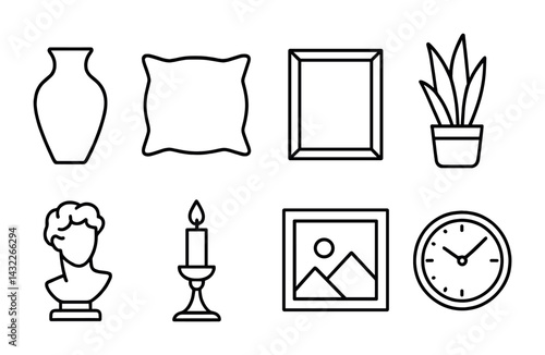 Home decor outline icon set – linear style interior design, decoration essentials for modern spaces: vase, pillow, frame, plant, sculpture, candle, artwork, clock