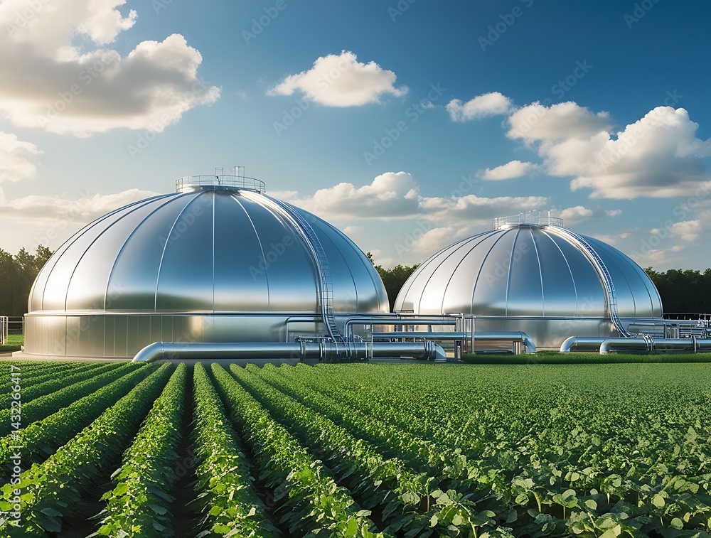 Obraz premium Modern biogas plant facility with stainless steel digesters integrated in agricultural farmland, promoting clean energy, sustainability, and eco-friendly technology in rural areas 
