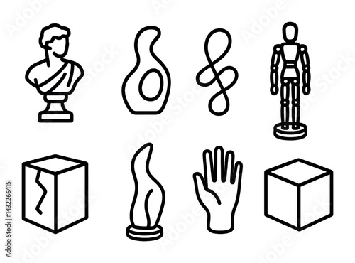 Abstract art and sculpture outline icons set – line art creative designs for artistic inspiration: bust, fluid shape, abstract, mannequin, cube, flame, hand