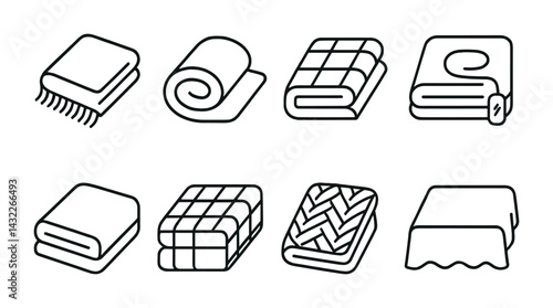 Cozy home textile outline icons set – line style bed and bath essentials: blanket, towel, quilt, duvet, comforter, throw, bedding, tablecloth.