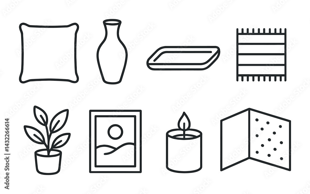 Obraz premium Home decor and accessories icon set – outline style interior design, decoration, and furnishing symbols: pillow, vase, tray, rug, plant, frame, candle, room divider.