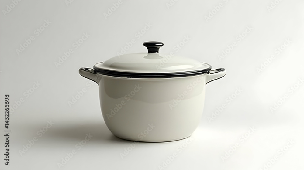 Enamel Pot with Lid and Handles on White Background, Kitchenware Enamel Pot with Lid and Handles on White Background, Kitchenware