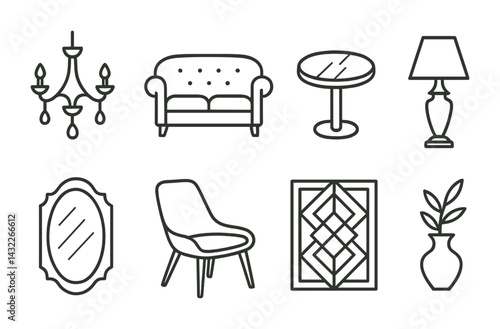 Home decor and furniture icon set – outline style interior design, modern decor, and furnishings symbols for stylish spaces: chandelier, sofa, table, lamp, mirror, chair, artwork, vase.