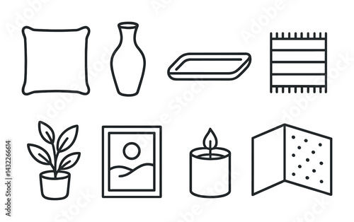 Home decor and accessories icon set – outline style interior design, decoration, and furnishing symbols: pillow, vase, tray, rug, plant, frame, candle, room divider.