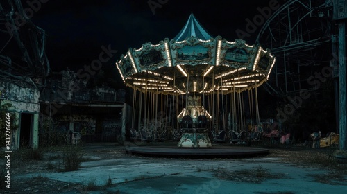 Abandoned carousel illuminated in a decaying amusement park at night.
