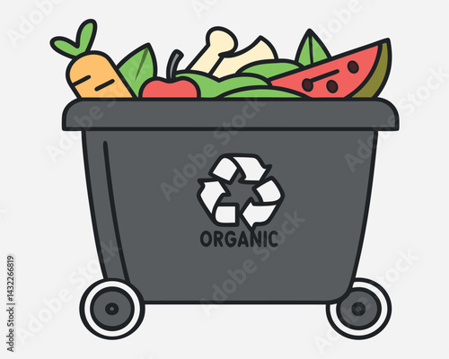 Organic Waste Bin Illustration: Food Scraps, Recycling Symbol, Grey Container
