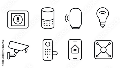 Smart home security icon set – outline style technology, automation, and safety symbols for modern living: smart lock, cctv, thermostat, smart speaker, smart bulb, security panel, home app.