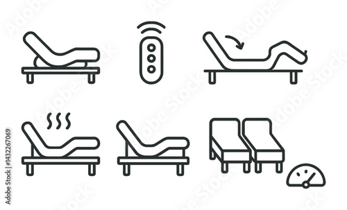 Furniture line icons set – outline style for interior design and home automation symbols: adjustable bed, remote control, reclining chair, heated seat, double bed, comfort level