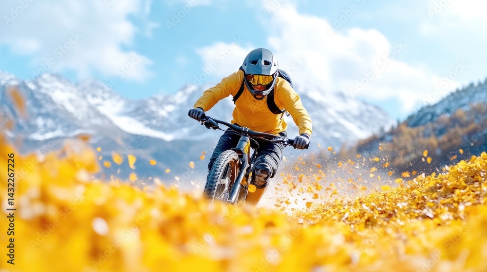 Naklejka premium Mountain biker navigating a vibrant autumnal landscape. A cyclist in a yellow outfit rides a mountain bike through a field of golden fall leaves, with snowy peaks in the background.