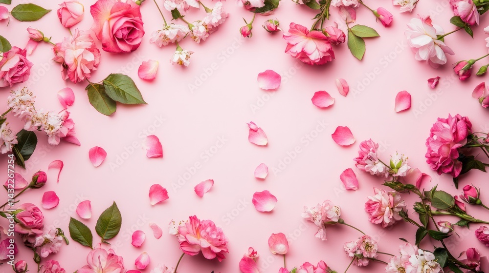 Pink roses and petals arranged on a pastel pink background. Possible use floral design, invitation, social media Pink roses and petals arranged on a pastel pink background. Possible use floral design, invitation, social media