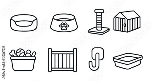 Pet care outline icons set – linear style animal, home, and veterinary symbols for pet lovers: bed, bowl, scratching post, kennel, toy bin, fence, leash hook, litter box.