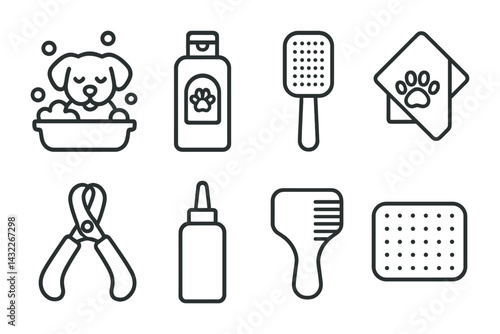 Pet grooming outline icons – linear style for animal care and veterinary services: dog bath, shampoo, brush, paw towel, clippers, ear drops, comb, mat.