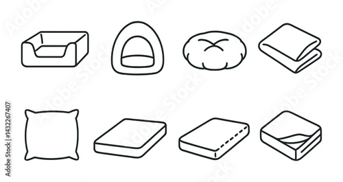 Pet furniture outline icons set – linear style designs for animal comfort and home decor: pet bed, cushion, dog house, cat bed, blanket, mattress, pillow, cushion.