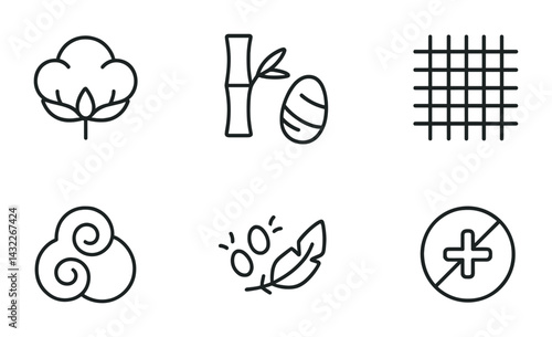 Sustainable materials linear icon set - outline style ecology, environment, and green design elements: cotton, bamboo, natural fabric, organic, biodegradable, eco-friendly.