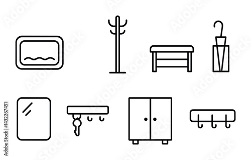 Home essentials outline icons set – linear style furniture, decor, and storage symbols for interior design: mirror, coat rack, bench, umbrella stand, key holder, cabinet, hook.