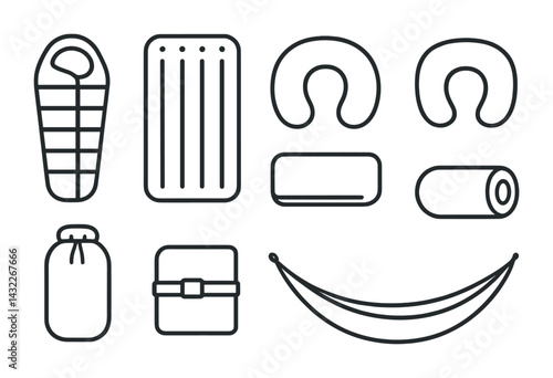 Camping essentials outline icon set – linear outdoor adventure gear and equipment symbols: sleeping bag, air mattress, neck pillow, hammock, towel, camping blanket