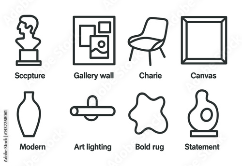 Modern art and interior design icon set – linear style home decor, gallery, and furniture symbols: sculpture, gallery wall, chair, canvas, vase, lighting, rug, statement piece.