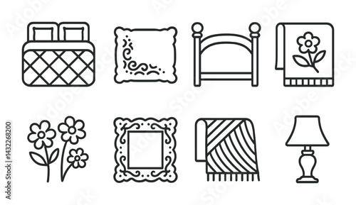 Home decor outline icons set – linear style furniture, interior design, and decoration symbols for cozy spaces: bed, pillow, frame, lamp, rug, towel, flowers.
