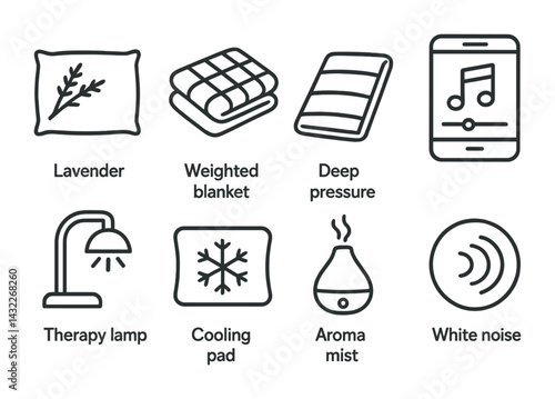 Sleep therapy line icons set – outline style relaxation, comfort, and wellness symbols for better sleep: weighted blanket, aroma mist, therapy lamp, cooling pad, lavender.