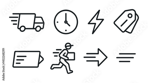 E-commerce delivery icons set - outline style express, shipping, and logistics symbols: delivery truck, clock, lightning bolt, price tags, parcel, courier, direction, lines