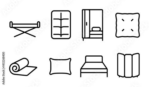 Minimalist home furnishing icons set – outline style furniture, decor, and interior design symbols: bed, sofa, wardrobe, pillow, rug, table, cabinet, screen.