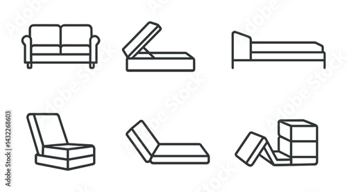 Modern furniture outline icons set – line style home decor and interior design symbols: sofa, bed, ottoman, chair, sectional, recliner storage box, lounger
