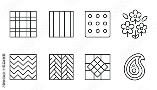 Pattern and texture outline icons set – linear style for design inspiration with decorative, artistic, and modern symbols: checkerboard, stripes, polka dots, floral, zigzag, herringbone, parquet,