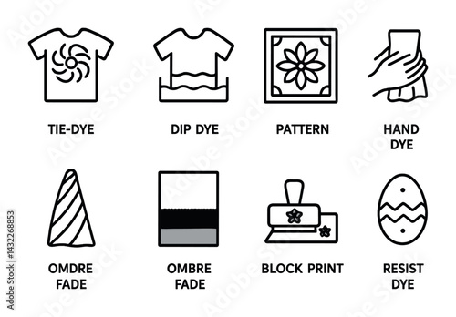 Hand-dyeing outline icon set – flat style textiles, patterns, and diy craft symbols: tie-dye, dip dye, pattern, hand dye, ombré fade, block print, resist dye