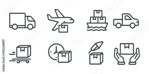 Logistics and delivery line icon set – outline style for shipping, transport, and dispatch solutions: truck, airplane, cargo ship, van, package, fast delivery, timer, hands