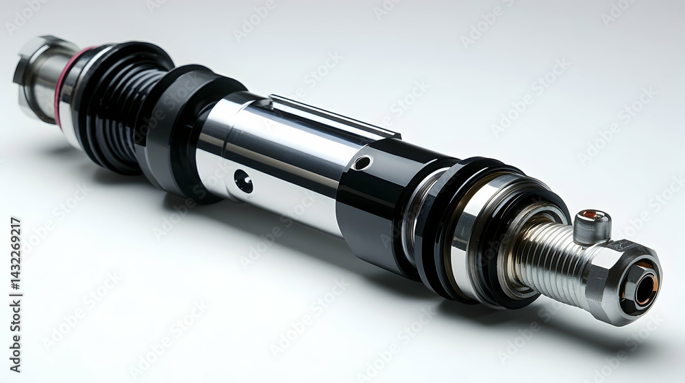 High-Tech Industrial Component with Polished Metal and Black Acc High-Tech Industrial Component with Polished Metal and Black Acc