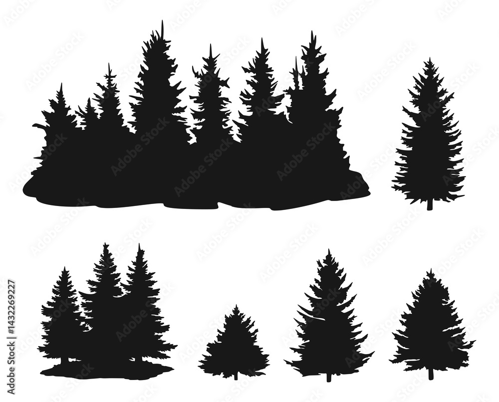 Obraz premium vintage trees pine silhouettes set monochrome
