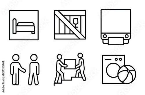 Logistics and shipping outline icons set – line style delivery, warehousing, and transportation symbols for supply chain management: bed, fragile, truck, handshake, movers, washing machine