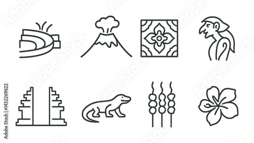 Indonesian culture line icons set – outline style heritage, landmarks, and flora symbols for educational graphics: rice terraces, volcano, temple, komodo dragon, hibiscus.