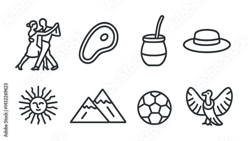 Argentina culture outline icons set – line style heritage, traditions, and passion symbols: tango, steak, mate, sombrero, sun, mountains, soccer, condor.